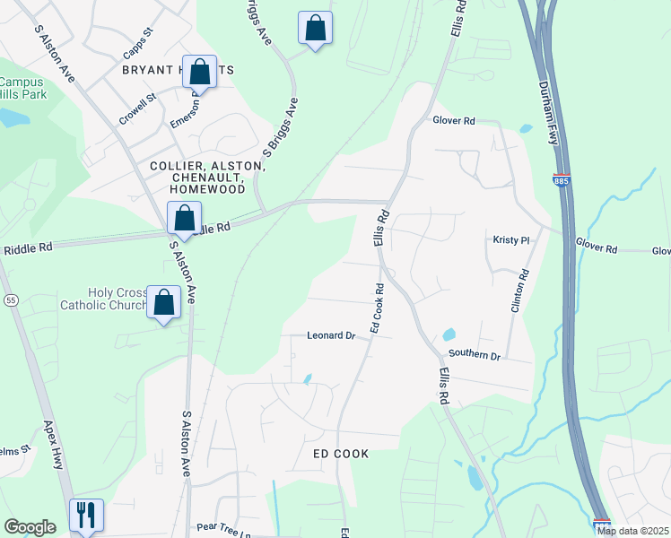 map of restaurants, bars, coffee shops, grocery stores, and more near 1905 Edgerton Drive in Durham