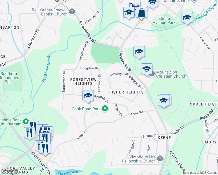 map of restaurants, bars, coffee shops, grocery stores, and more near 3520 4 Seasons Drive in Durham