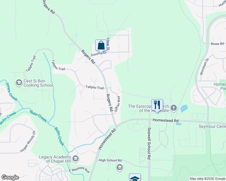 map of restaurants, bars, coffee shops, grocery stores, and more near 324 Sylvan Way in Chapel Hill