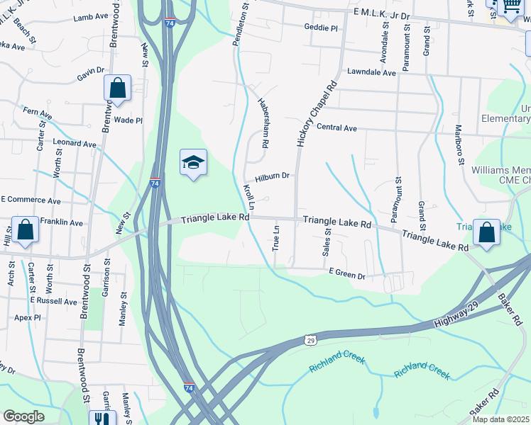 map of restaurants, bars, coffee shops, grocery stores, and more near 2500 Triangle Lake Road in High Point