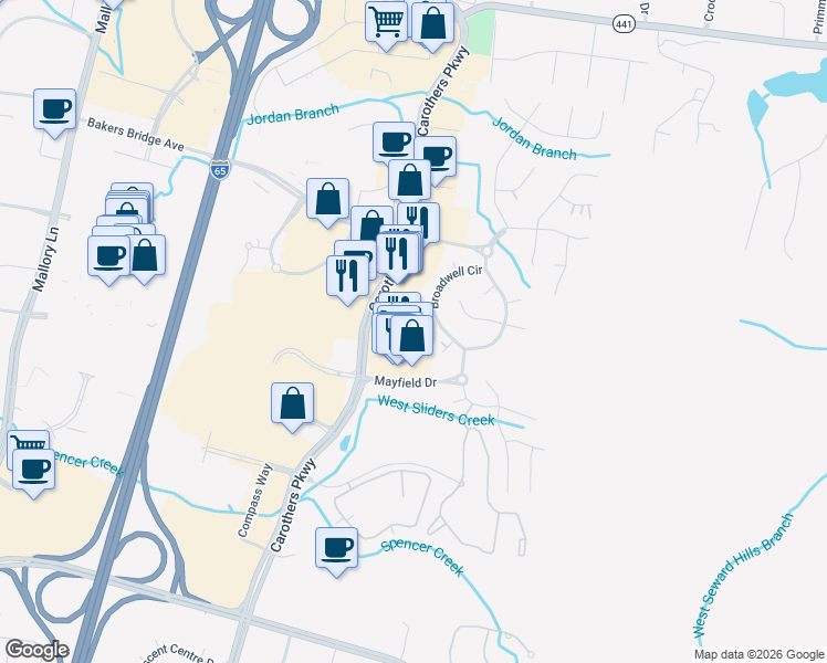 map of restaurants, bars, coffee shops, grocery stores, and more near 330 Mayfield Drive in Franklin