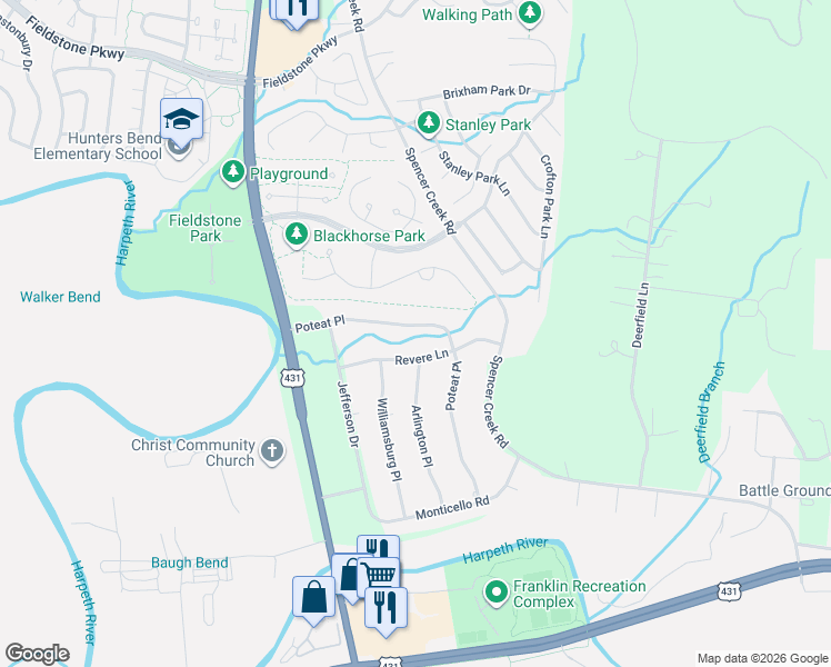 map of restaurants, bars, coffee shops, grocery stores, and more near 206 Revere Lane in Franklin