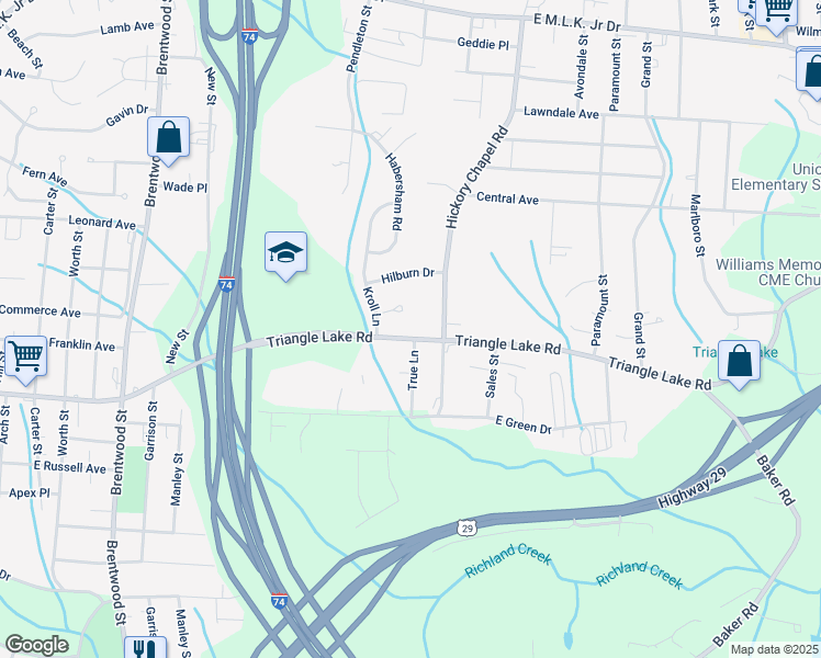 map of restaurants, bars, coffee shops, grocery stores, and more near 2509 Triangle Lake Road in High Point