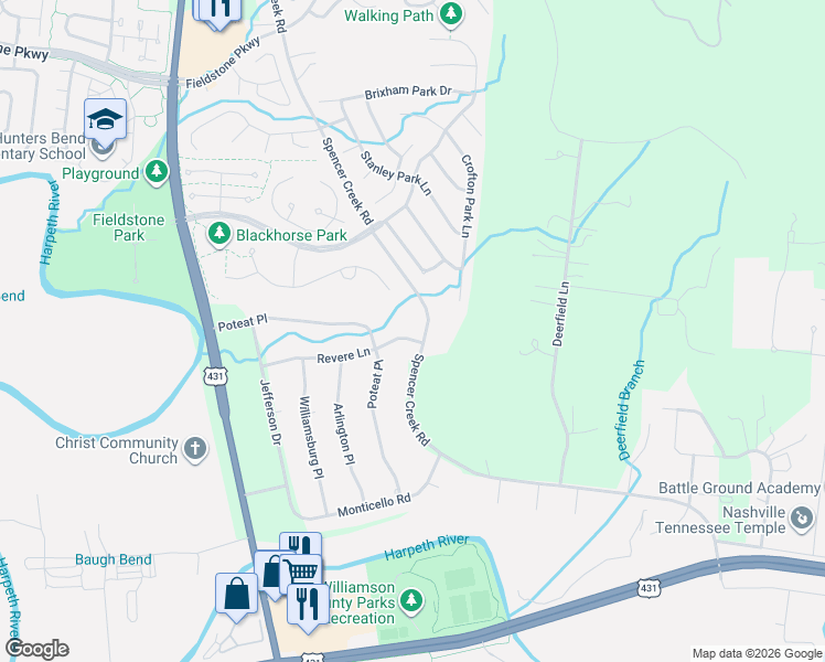 map of restaurants, bars, coffee shops, grocery stores, and more near 406 Revere Lane in Franklin
