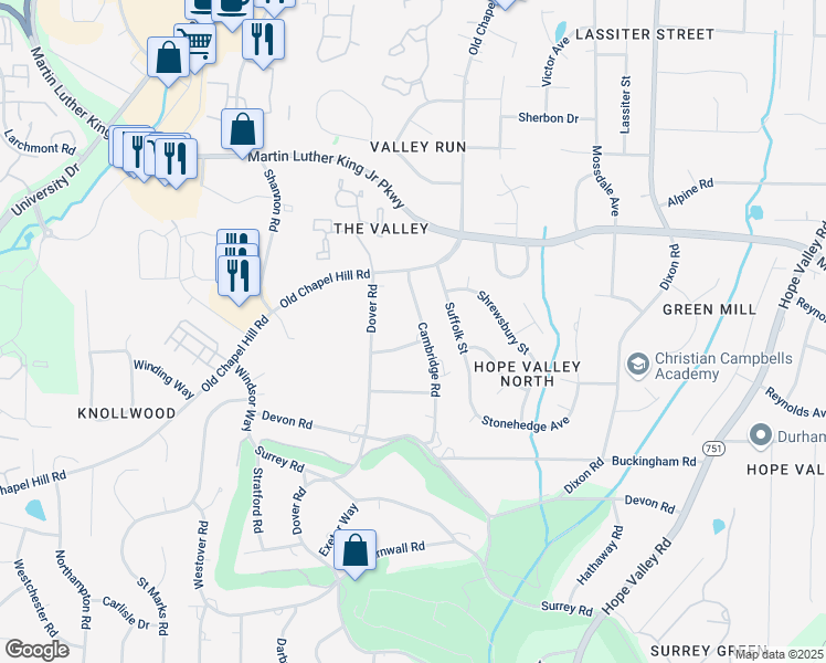 map of restaurants, bars, coffee shops, grocery stores, and more near 3202 Banbury Way in Durham