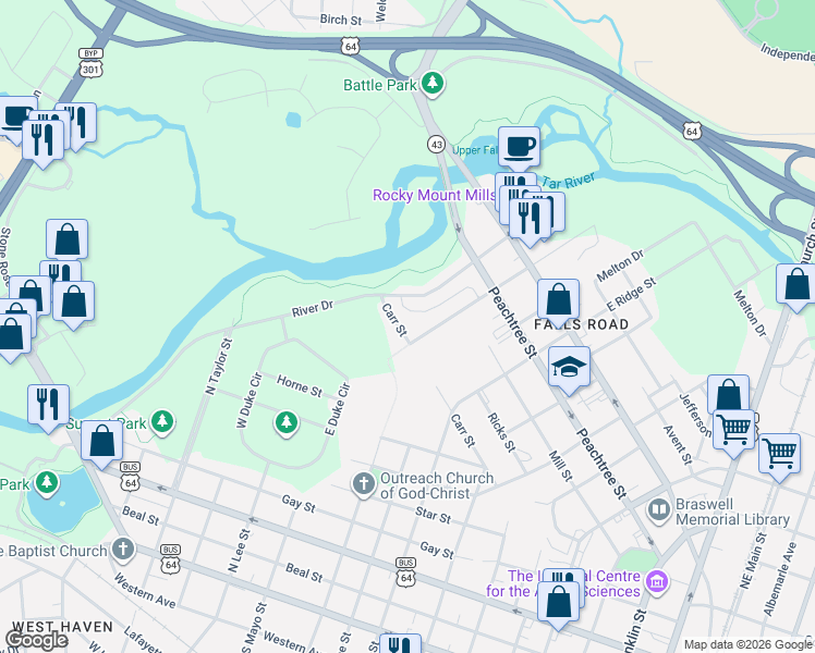 map of restaurants, bars, coffee shops, grocery stores, and more near 12 Carr Street in Rocky Mount