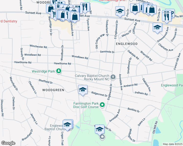 map of restaurants, bars, coffee shops, grocery stores, and more near 3308 Winstead Road in Rocky Mount