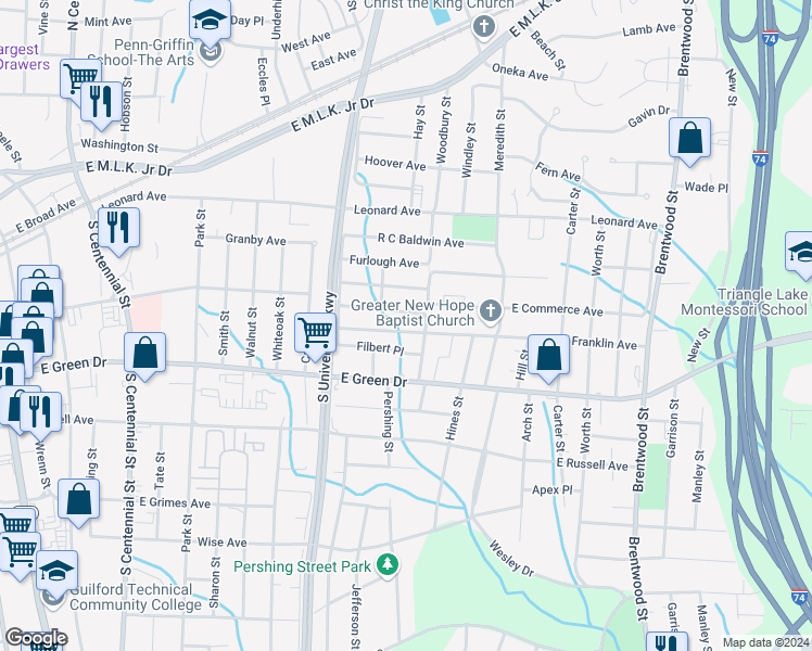map of restaurants, bars, coffee shops, grocery stores, and more near 1231 Franklin Avenue in High Point