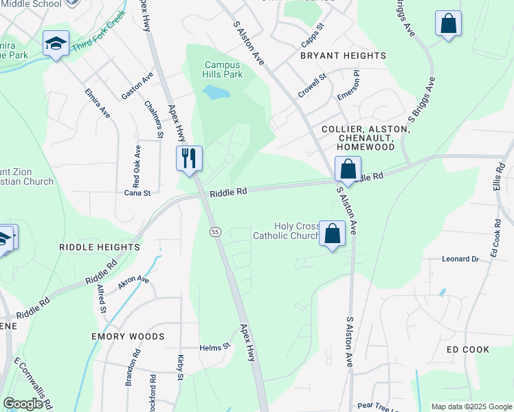map of restaurants, bars, coffee shops, grocery stores, and more near 1914 Riddle Road in Durham