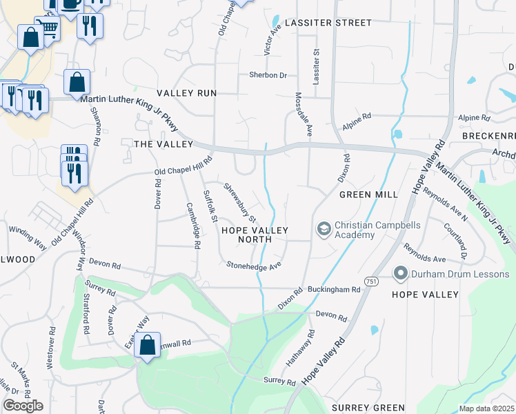 map of restaurants, bars, coffee shops, grocery stores, and more near 3635 Shrewsbury Street in Durham