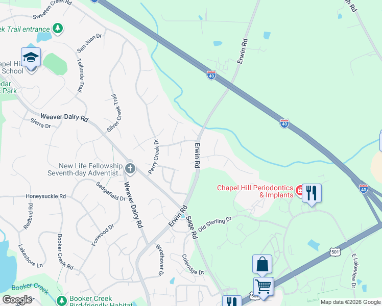map of restaurants, bars, coffee shops, grocery stores, and more near 311 State Road 1734 in Chapel Hill
