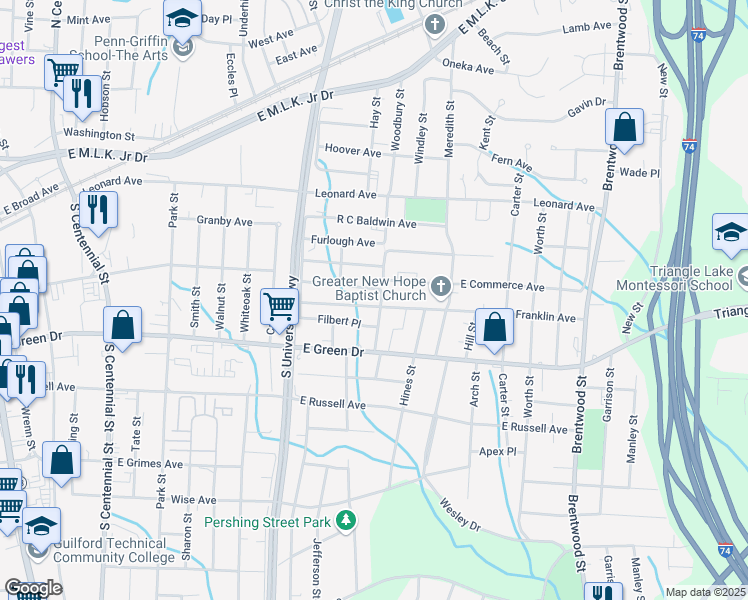 map of restaurants, bars, coffee shops, grocery stores, and more near 1230 Franklin Avenue in High Point