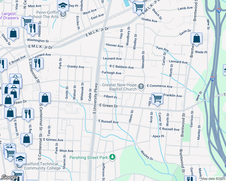 map of restaurants, bars, coffee shops, grocery stores, and more near 1230 Franklin Avenue in High Point