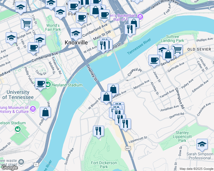 map of restaurants, bars, coffee shops, grocery stores, and more near 211 East Blount Avenue in Knoxville