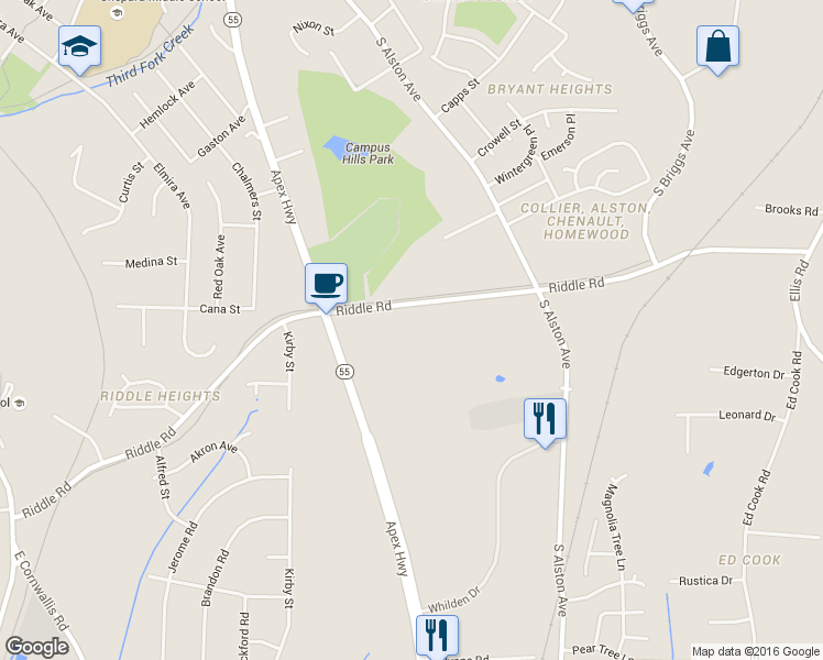 map of restaurants, bars, coffee shops, grocery stores, and more near 1914 Riddle Road in Durham