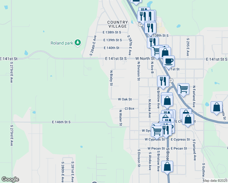 map of restaurants, bars, coffee shops, grocery stores, and more near 455 North Bixby Street in Coweta