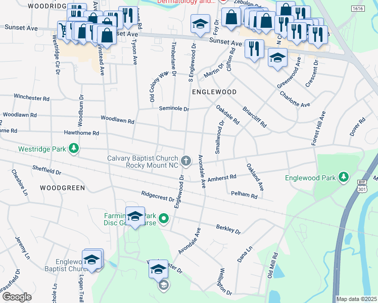 map of restaurants, bars, coffee shops, grocery stores, and more near 421 South Englewood Drive in Rocky Mount