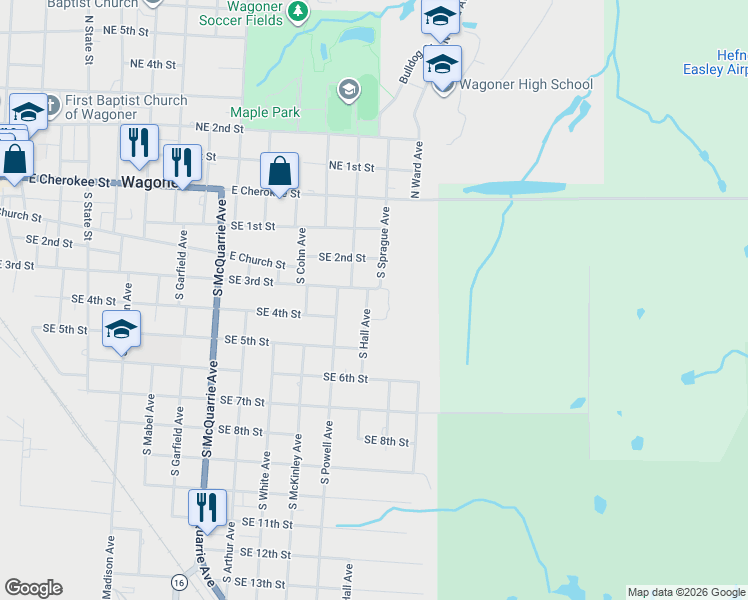 map of restaurants, bars, coffee shops, grocery stores, and more near 1403 Southeast 4th Street in Wagoner