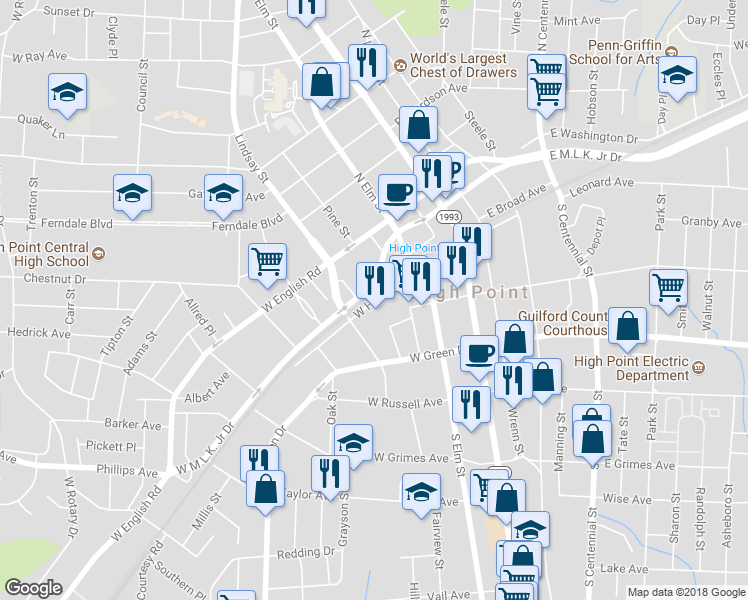 map of restaurants, bars, coffee shops, grocery stores, and more near 200 West High Avenue in High Point
