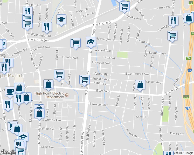 map of restaurants, bars, coffee shops, grocery stores, and more near 1213 Franklin Avenue in High Point