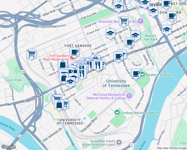 map of restaurants, bars, coffee shops, grocery stores, and more near 1735 Lake Avenue in Knoxville