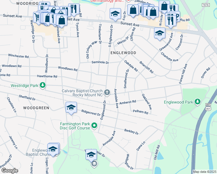 map of restaurants, bars, coffee shops, grocery stores, and more near 421 South Englewood Drive in Rocky Mount