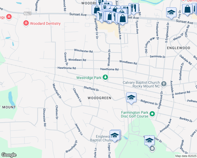 map of restaurants, bars, coffee shops, grocery stores, and more near 3513 Winstead Road in Rocky Mount