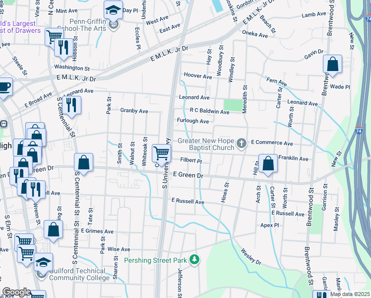 map of restaurants, bars, coffee shops, grocery stores, and more near 1213 Franklin Avenue in High Point