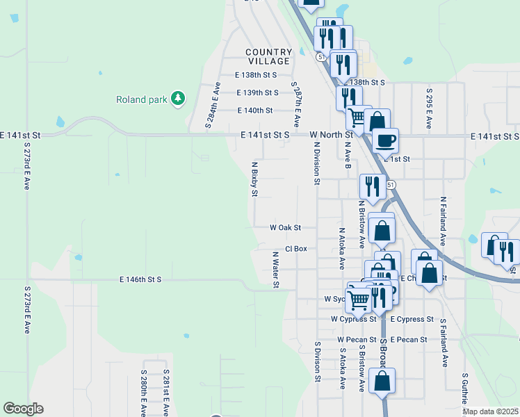 map of restaurants, bars, coffee shops, grocery stores, and more near 455 North Bixby Street in Coweta