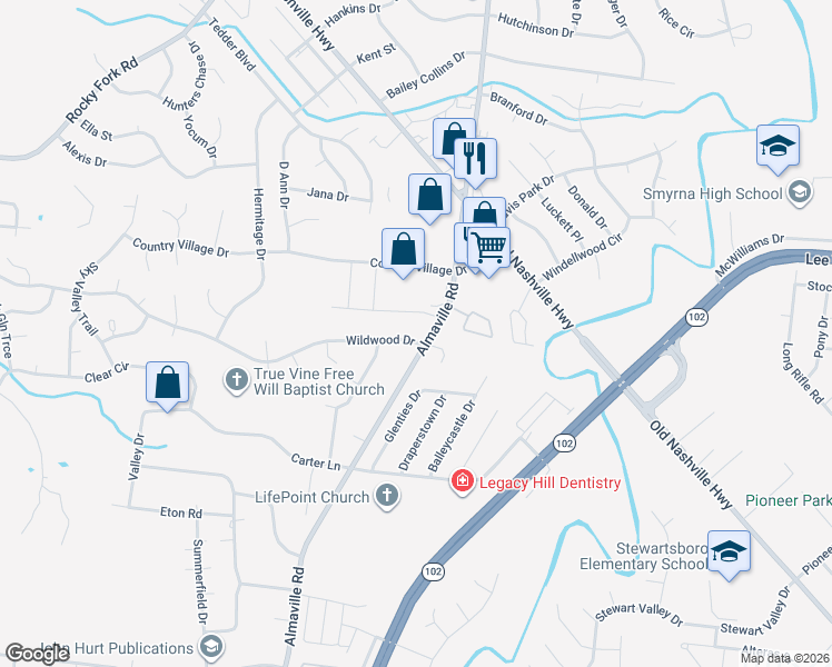 map of restaurants, bars, coffee shops, grocery stores, and more near 200 Almaville Road in Smyrna