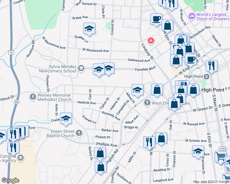 map of restaurants, bars, coffee shops, grocery stores, and more near 1007 Tipton Street in High Point