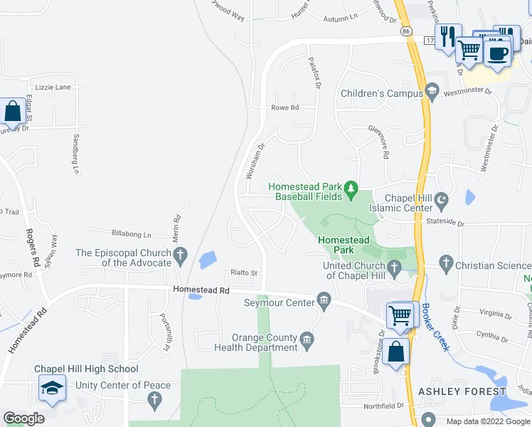map of restaurants, bars, coffee shops, grocery stores, and more near 213 Beringer Place in Chapel Hill