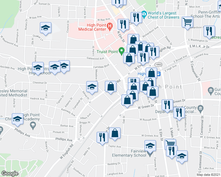 map of restaurants, bars, coffee shops, grocery stores, and more near 117 Oakwood Street in High Point