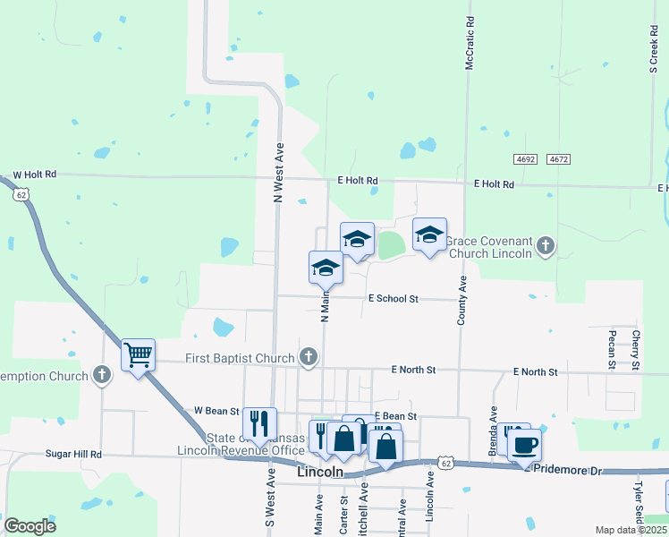 map of restaurants, bars, coffee shops, grocery stores, and more near 107 East School Street in Lincoln