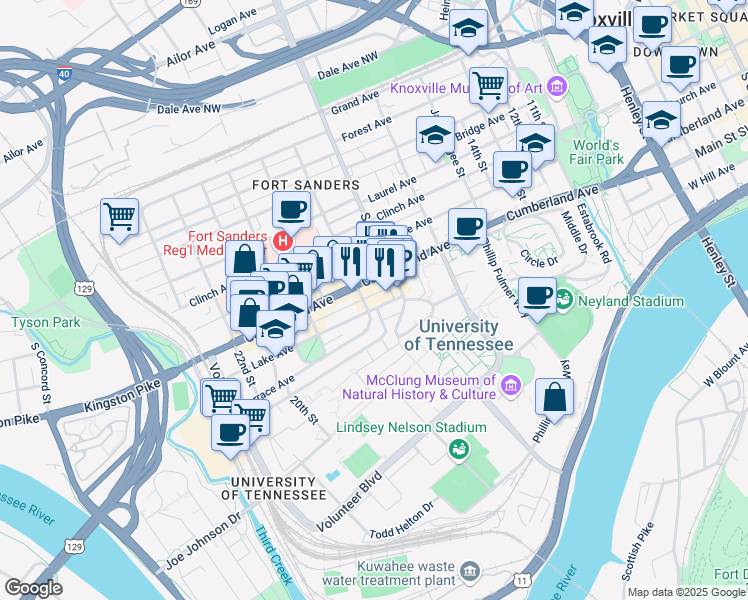 map of restaurants, bars, coffee shops, grocery stores, and more near 1720 Lake Avenue in Knoxville