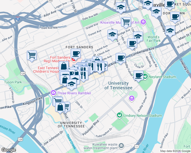 map of restaurants, bars, coffee shops, grocery stores, and more near 1805 Lake Avenue in Knoxville