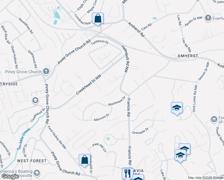 map of restaurants, bars, coffee shops, grocery stores, and more near 5928 West Pine Lane in Knoxville