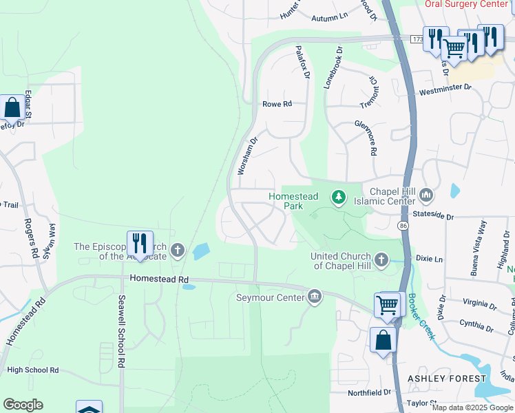 map of restaurants, bars, coffee shops, grocery stores, and more near 213 Beringer Place in Chapel Hill