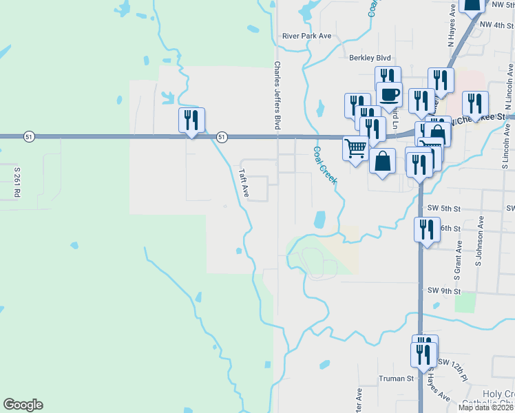 map of restaurants, bars, coffee shops, grocery stores, and more near 1811 Southwest 4th Street in Wagoner