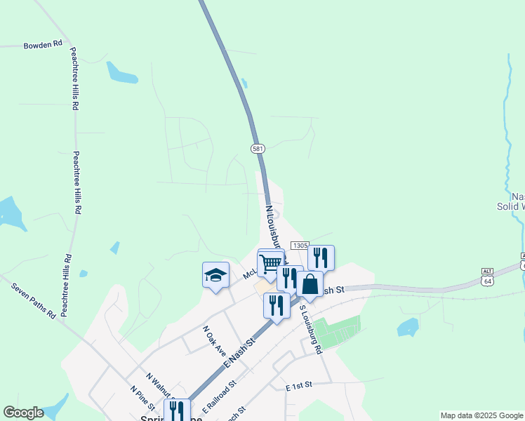 map of restaurants, bars, coffee shops, grocery stores, and more near 303 North Louisburg Road in Spring Hope