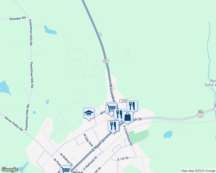 map of restaurants, bars, coffee shops, grocery stores, and more near 303 North Louisburg Road in Spring Hope
