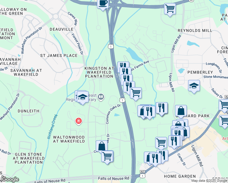 map of restaurants, bars, coffee shops, grocery stores, and more near 11710 Mezzanine Drive in Raleigh