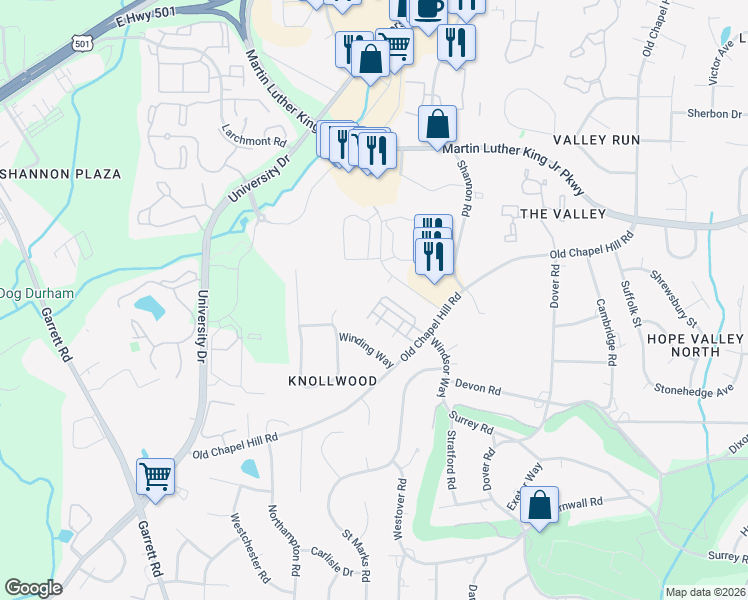 map of restaurants, bars, coffee shops, grocery stores, and more near 707 Derby Court in Durham