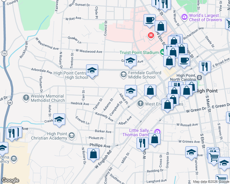map of restaurants, bars, coffee shops, grocery stores, and more near 307 Allred Place in High Point