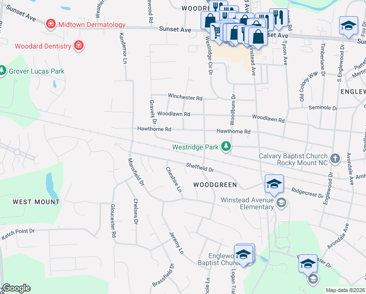 map of restaurants, bars, coffee shops, grocery stores, and more near 3516 Sheffield Drive in Rocky Mount