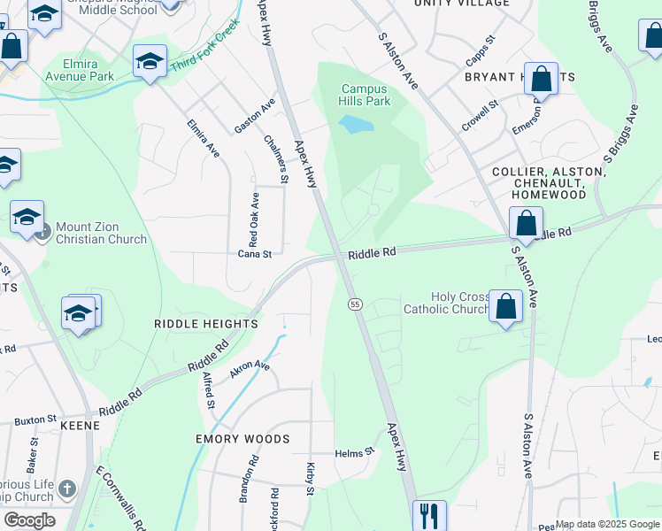map of restaurants, bars, coffee shops, grocery stores, and more near 2507 Kirby Street in Durham