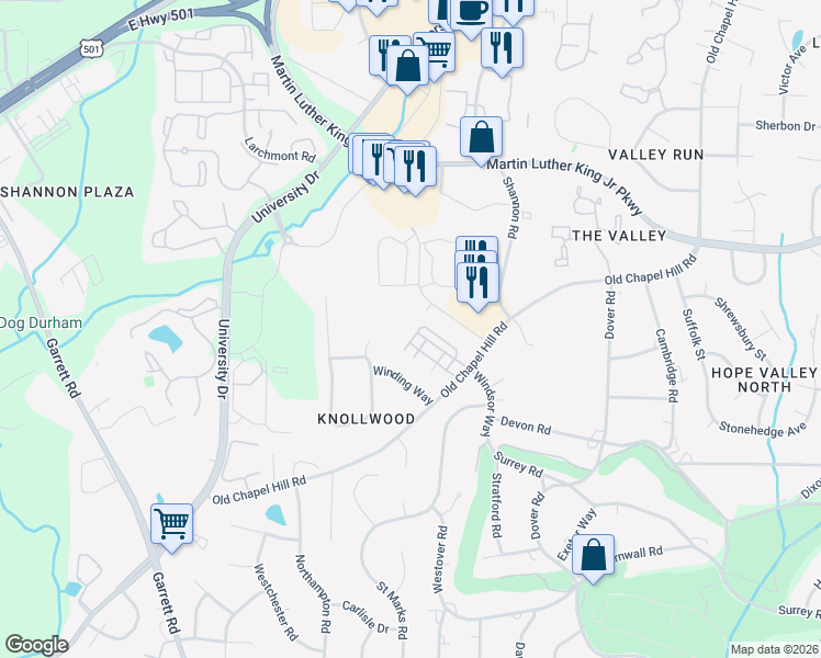 map of restaurants, bars, coffee shops, grocery stores, and more near 707 Derby Court in Durham