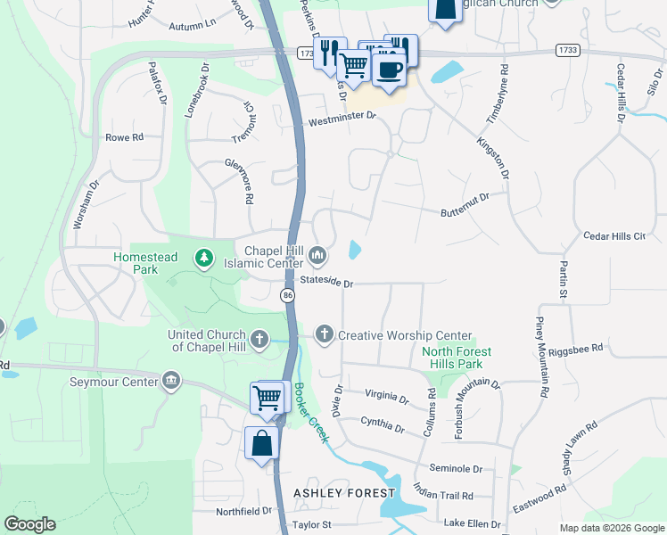 map of restaurants, bars, coffee shops, grocery stores, and more near 104 Stateside Drive in Chapel Hill