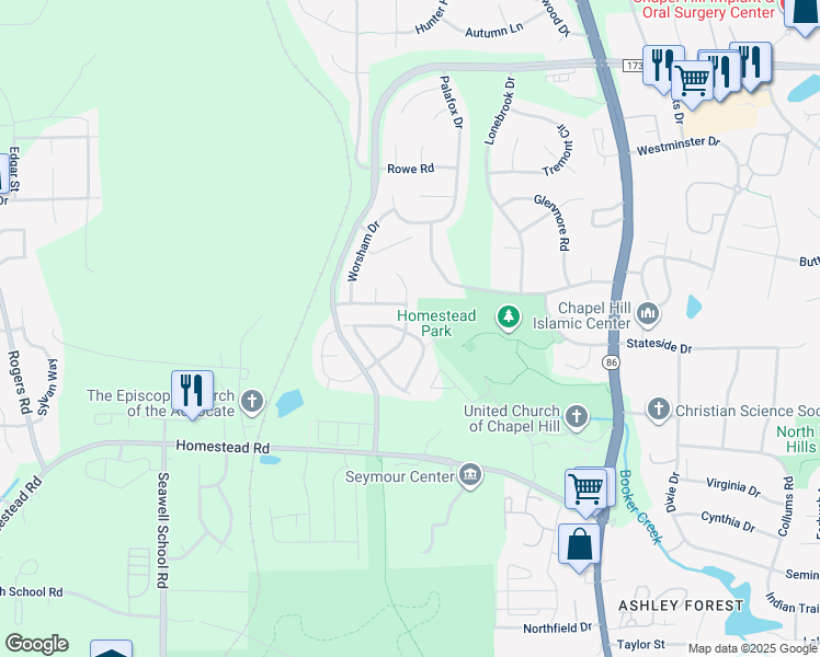 map of restaurants, bars, coffee shops, grocery stores, and more near 209 Napa Valley Way in Chapel Hill