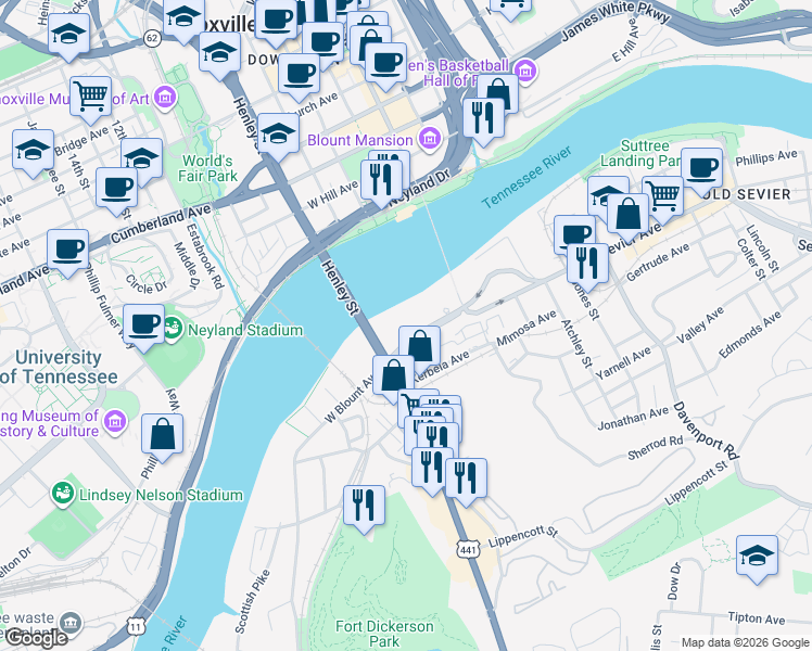 map of restaurants, bars, coffee shops, grocery stores, and more near 211 East Blount Avenue in Knoxville
